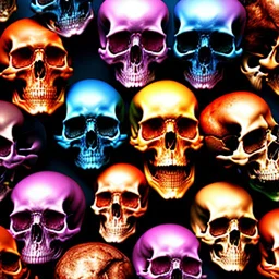 a picture of a dark, comedic, anatomically correct wall of colorful tightly packed skulls of varying sizes and expressions, photo realistic, insanely meticulous, highly detailed, part of a collection of bones on display, 64k, dystopian, vray