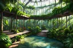 A vast walkable jungle-aviary. The birds are naturalistic, close to nature. photorealistic, highly detailed