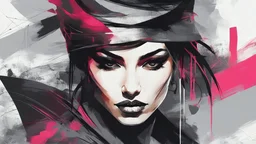 aesthetic, painterly style, modern ink, akali, akali custom, sensual, sultry, dark blouse, expressive pose, urbanpunk, abstract texture multilayer background, neo-expressionist , Russ Mills, Ian Miller