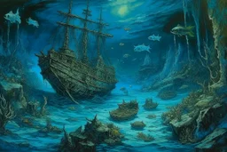 A dark blue underwater reef with sunken pirate ships painted by Vincent van Gogh