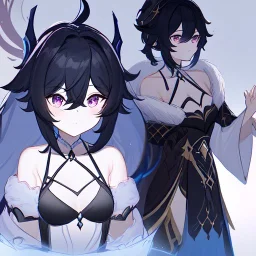 Clear focus, High resolution, rough line sketch art, long black hair, hair between eyes, fluffy hair, purple eyes, wearing a off shoulder shirt, no spaghetti strapes, dark aura, 1girl, wearing a skirt, genshin impact, wearing a little bit revealing outfit