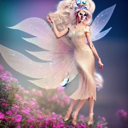 fantasy fairy with transparent wings, smiling, make up, tatoo, elven crown, long platinum blond hair, pink dress, octane render