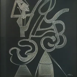 drawn in single line by Nicolai Blatter with hatch with parallel wavy lines metal engraving with spanish man dance procession in salvador dali style or picasso style