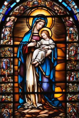 a multicolored, stained, spectral, glass fragment, Mother Mary holding baby Jesus