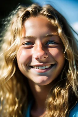 portrait of a 16 year old Californian surfer woman with blond, wavy hair, water blue eyes, smiling