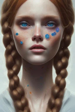 Woman, corpo intero, big tit, beautiful, orange hair, two braids, bangs, blue eyes, big eyes, freckles, long eyelashes, Frozen, 8k resolution concept art portrait by Greg Rutkowski