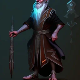 Old human wizard in dark robes covering in a dark cave