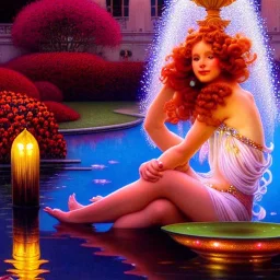 Hyperdetailed oil on canvas, young robyn lively sits by the ornate fountain, goldfish pond, lotus, detailed face, long red curly hair; by gaspar camps, maxfield parrish, alphonse mucha, cyril rolando, dan mumford; luminous colorful sparkles, glitter, airbrush, octane render, volumetric lighting, 16k