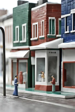 Minimalistic solid colored porcelain clay miniature figurine of vacant and empty street commercial walk-in kiosk, covered with mosaic. Contemporary urban art gallery context. Silver ratio proportions composition, 7 centimeters height, semi-height wide shop windows and door, small square window for cash in facade, on legs, circa 2000, flat roof, one-story, one-room. Inspired by Bruno Munari, Benetton, gestalt theory, geometry of Castel del Monte, brutalism, synchronism