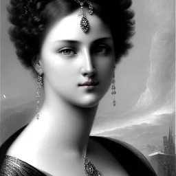 stunningly beautiful young woman , Gustave Doré black and white illustration, perfect eyes, beautiful face