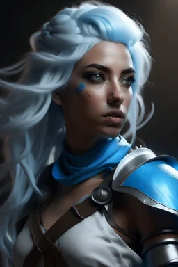 female air genasi from dungeons and dragons, chain mail and hot leather clothing, white blue hair, wind like hair, librarian vibes, woman of color, realistic, digital art, high resolution, strong lighting