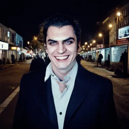 very grainy discolored photo, face portrait, up close, empty night street, grunge, 2000s Russia, man in a nice suit, extremely gaunt, haughty, dangerous smile, perfect looking, striking features, face of a vampire, inhuman