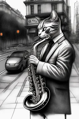 One single mature cat playing saxophone on the street, Ging Kong, thoughtful, mourning, model style, hyper realistic, extremely accurate, delicate, extremely detailed, Graphic novel style, wide-angle, open aperture, superfine pencil