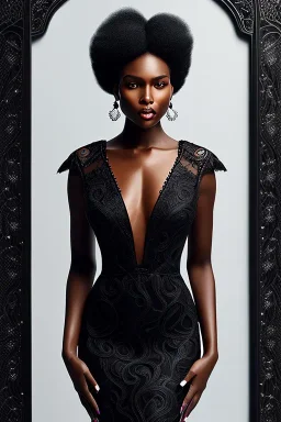 A portrait of a beautiful curvaceous black woman with long straight curly black hair, wearing a black lace dress with a deep v neck, sorceress, magical, ethereal, intricate, sharp lighting, misty. Painting, high quality, Ultra quality 8k.