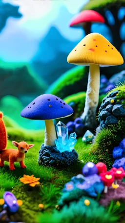 Close-up photograph of a landscape made of felt, animals, fungi, crystals, mineral concretions, extreme detail, intricate, colours, Tim Burton, rich moody colors, sparkles, bokeh, 33mm photography