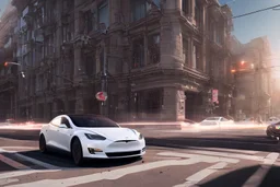 A Tesla 'Model S' is drifting at high speeds, on the streets of San Francisco. (CINEMATIC, WIDE ANGLE LENS, PHOTO REAL)