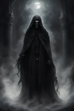 In the grim chambers of the dhampir who worships the deity of darkness, eternal night reigns. His hair, black as pitch, cascades in thick waves like smoke, shrouding his face in a veil of mystery. In his eyes, two boundless abysses reflect only darkness and enigma. The dhampir's attire resembles nightmarish visions. Black cloaks and shadowy patterns seem to weave through his garments, lending his figure the mysterious semblance of a ghost. An amulet around his neck flickers like a star in the b