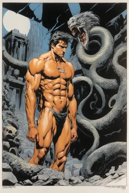 #5 Original Art by Howard Chaykin (Vortex Comic, 1988): [greek god model in flesh] Trapped in a forgotten temple, a man and his son fight against two immense serpents. Their faces contort in pain, muscles straining against the relentless grip. Their struggle embodies resilience and the pursuit of freedom. In the decaying ruins, their defiance resonates deeply. With unwavering determination, they refuse to yield. Bound by an unbreakable bond, they draw strength from each other. Their battle echoe