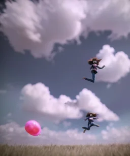 Ultra realistic clouds sky scene, wide angle, medium shot view, sweet childs, color smoke fog, free jumping flying, trinkets, monster hair, hair monster, jelly beans, balls, smile, happy, circus style, inflatable color clothing, extreme, wind, clouds sea, 20,000 feet altitude, stratosphere, soft color, highly detailed, unreal engine 5, ray tracing, RTX, lumen lighting, ultra detail, volumetric lighting, 3d, finely drawn, high definition, high resolution.