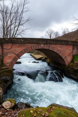 The bricks bridge over a stormy river