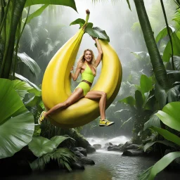 [high res picture of bananarama] Jennifer Hawkins as an explorer straddles a giant banana in the wet jungle, riding the long fruit with happyness