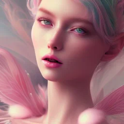 fairy, pink, green, beautiful, hyperrealism, masterpiece, expert, cinematic lighting, sharp focus, 8K, pastel, macro lens, woman, detailed, flower