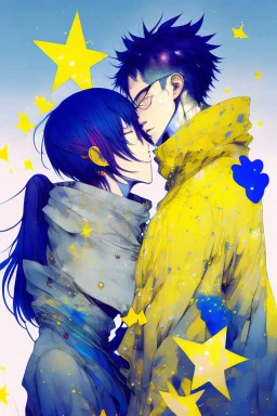 portrait anime man kissing man, ,yellow, stars hearts water, blue, watercolor, Yoshikata Amano, Edwin Landseer, Ismail Inceoglu, Russ Mills, Victo Ngai, Bella Kotak, hyperdetailed 8K resolution HDR DSLR, ultra detailed, ultra quality, CGSociety, intricately detailed, color depth, gliter, kiss