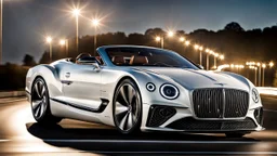 A sleek white shiny (((Bentley Jesko))), its contours and details perfectly captured in a (((cinematic view))), zipping along a winding road under a beautiful blue black night sky