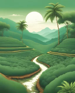 tropical tea plantations, mountains, trees, in the style of poster art, hyper-detailed, richly colored in white background