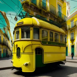 Surreal Lisbon,iper realistic yellow tram, florestal