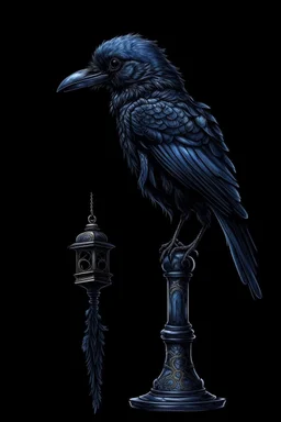 on an old black lamppost, a blue crow is sitting,a golden greenish suspension,diamond dust, on a black background, macrodetalization, carved,filigree drawing of a drawing,fiction,surrealism, hyperdetalization, aesthetically pleasing, beautiful,ink and colored marker drawing, sharpness,1024 k, octane, depth of field