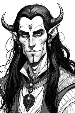 A dnd character portrait, a tiefling man with long hair, ink black eyes and pale skin. Young.