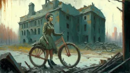 A vintage oil painting of a woman on a bicycle in front of a decaying building, captured in the post-apocalypse city, featuring elements of soviet city architecture, with a touch of socialist realism.