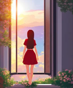 anime style illustrationc, sad girl sitting on the balcony, looking out of the window, sunset, breeze, shot from inside the house,