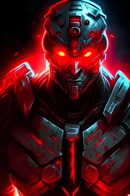 RAZE, the heroic war soldier, tough, glowing red eyes, glowing red small traingle in chest, dysoptian
