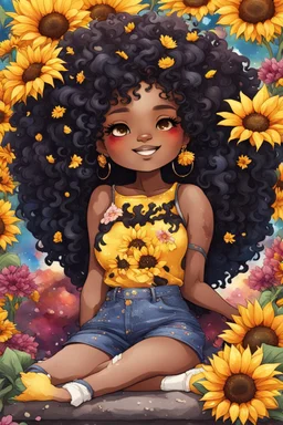 A sassy thick-lined water color art cartoon black chibi girl lounging lazily on her side, surrounded by colorful flower petals. She is in the middle of the astrological Leo symbol with Prominent makeup. Highly detailed tightly curly black afro. Background of large yellow sunflowers surrounding her . Looking up coyly, she grins widely, showing sharp lion teeth. Her poofy hair forms a mane framing her confident, regal expression.