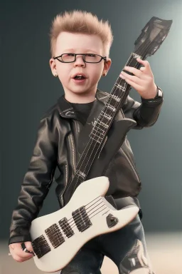 James hetfield toddler, full body, playing guitar, black leather wear, bokeh,hyper realistic