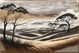paper cut out of fog shrouded, grassy sand dunes with scrubby trees in the style of gray sand, almondine, and laurel oak, realist detail, soft ink oil, illusionistic ceiling frescoes, minimalist detail, album, folio and fan formats, fine lines, delicate curves --ar 2:3 --style raw --v 5.1 --s 750
