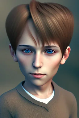 10 year old boy, brown hair, bangs, cute, beautiful, semi realistic