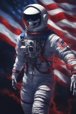 A close up of a skeleton face in an astronaut helmet and suit floating in space. inside the hollow eyes are red shining lights, scary. On his suit is an American flag and in his one hand is a small wavering American hand flag. From the back of his suit is blowing out blue, white and red smoke. Realistic, 8k, highly detailed, funny