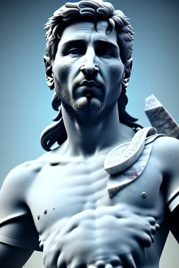 Ultra Realistic image, Roman sculpture, white marble material, Lionel Messi, sun radial crown, chisel style, waist up portrait, epic, celestial, cinematic lighting, God light, god rays, 4k resolution, smooth details, ornate details, soft lighting, unreal engine 5, marble background.