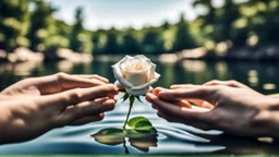 close up Back view couple holding hands close a lake, a white rose swims on the water, in the blur background a lake, some green trees, ultra detailed, sharp focus, perfect anatomy, perfect hands with fingers, perfect photo