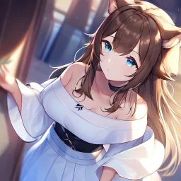 Clear focus, High resolution, Long fluffy brown hair, blue eyes, wearing a white skirt, detailed outfit, wearing a jacket oversized off shoulder, rough line, hair above ears, dog ears, off shoulder white shirt, chopped bangs