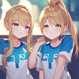 Clear focus, High resolution, cute, cartoon, dark blonde hair, two pieces of hair on the left side, parted nice, long locks, short ponytail behind head, high ponytail, blue eyes, teen