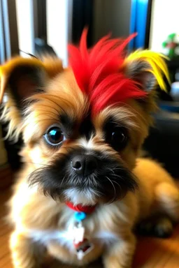 little dog , looks like a little bit of David Bowie , with a little red thunder strike tattoo on the right eye