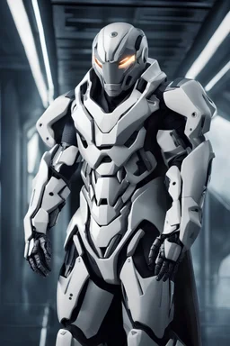 The image features a man wearing a white and gray armor suit, standing in a futuristic setting. The man appears to be a cyborg or a robotic character, possibly from a science fiction movie or video game. He is posing in a way that showcases his armor suit, which is designed to protect and enhance his abilities. The futuristic environment surrounding him adds to the overall atmosphere of the scene.