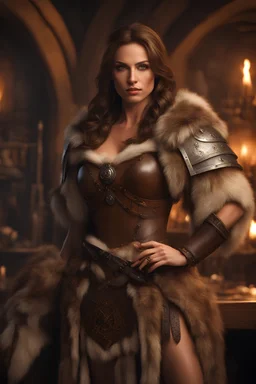 portrait of a beautiful female barbarian, middle aged, long brown hair, warm eyes, dressed in a revealing fur armor, standing in a tavern, realistic, dim lighting, face painting, cinematic lighting, highly detailed face, very high resolution