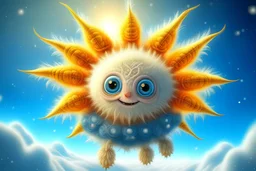 The sweetest little snowflake is flying with a sun rays parachute. the creature is anthropomorphic. realistic. in felting technique, bisser. a joyful face, a complex fractal gentle hyperdetalization, flies in the sky. ultra-realistic, beautiful, funny. cute. cute eyes, eyelashes, smile. hyperdetalization, hdr, high contrast, intrinsic details, octane, lumen, natural, colorful, professional, lively, fantasy, pixar, cartoon, doll, caricature, airbrushing, landscape