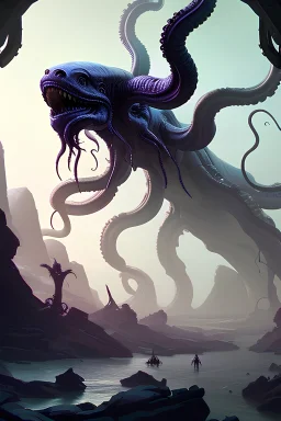 Alien Kraken,by greg rutkowski and wlop and sandra chevrier, purple blue color scheme, high key lighting, volumetric light, digital art, highly detailed, fine detail, intricate, ornate, complex, octane render, unreal engine, photorealistic