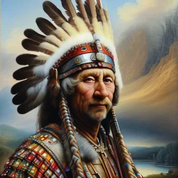 stunning 3D render of a painting in the style of Rembrandt featuring Winnetou, the chief of the Aachen tribe. Winnetou is depicted as a noble and wise leader, adorned with intricate feathers and a colorful headdress. The background portrays a vast, rugged landscape with a rocky mountain range and a serene lake, casting a warm golden glow. The overall atmosphere is a mix of both realism and dreamlike fantasy, reflecting Rembrandt's masterful use of light and shadow., illustration, 3d render, pain